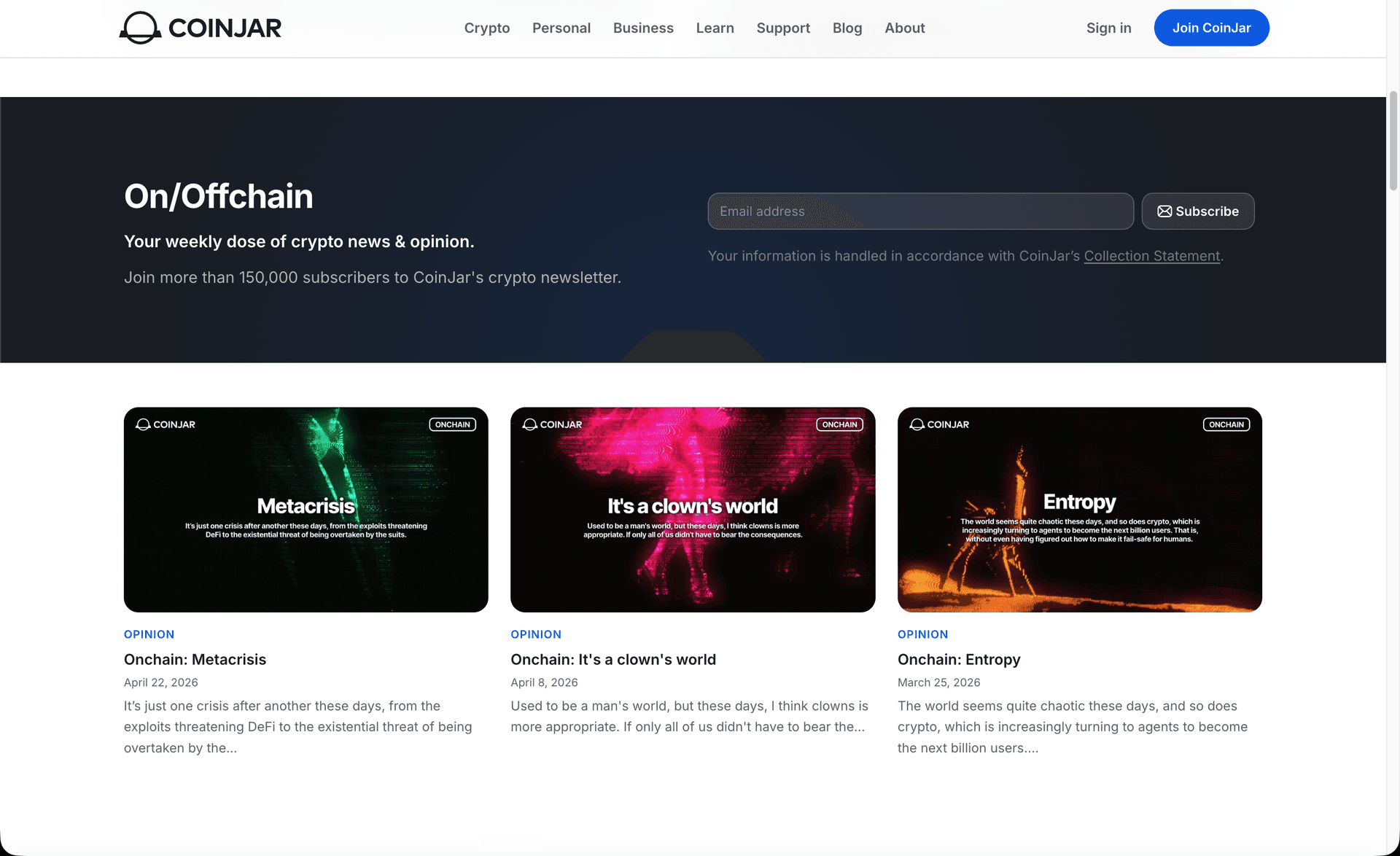 CoinJar On/Offchain newsletter and article listing page