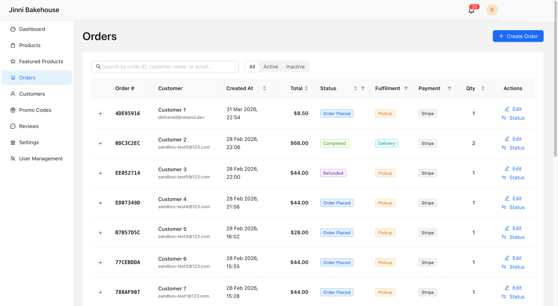 E-commerce admin console showing the orders management view