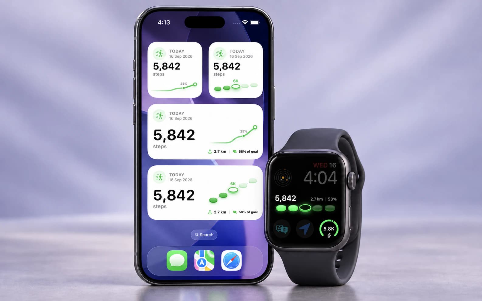 YEStep widgets on an iPhone beside an Apple Watch step complication